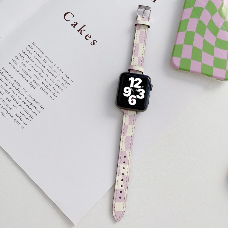 

Slimming Checkerboard Leather Replacement Strap Watchband For Apple Watch Series 7 45mm/6&SE&5&4 44mm/3&2&1 42mm(Purple)