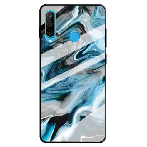 

For Huawei P30 Lite Marble Pattern Glass Protective Case(Ink Blue)