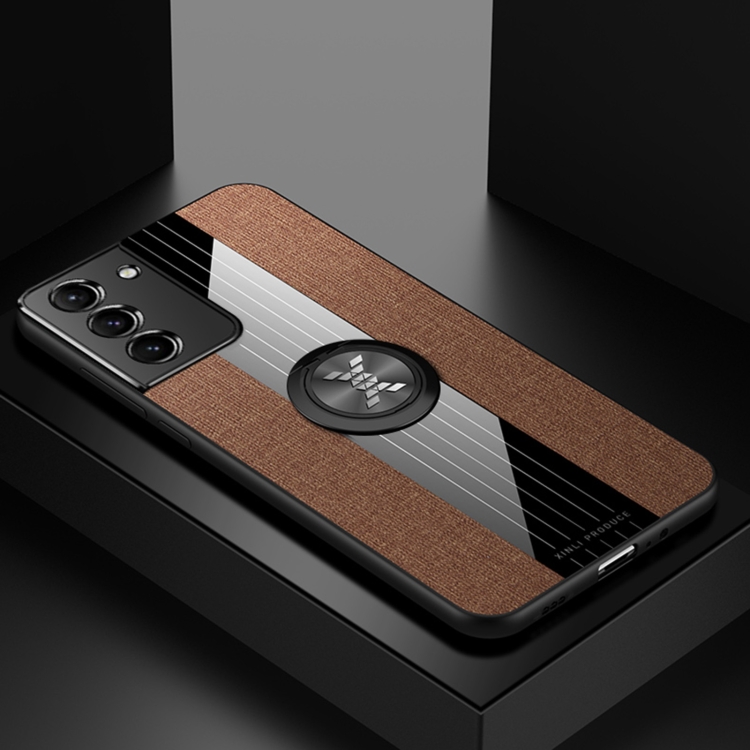 

For Samsung Galaxy S21+ 5G XINLI Stitching Cloth Textue Shockproof TPU Protective Case with Ring Holder(Brown)