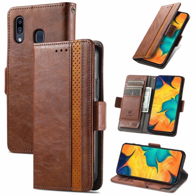 

For Samsung Galaxy A20 CaseNeo Business Splicing Dual Magnetic Buckle Horizontal Flip PU Leather Case with Holder & Card Slots & Wallet(Brown)