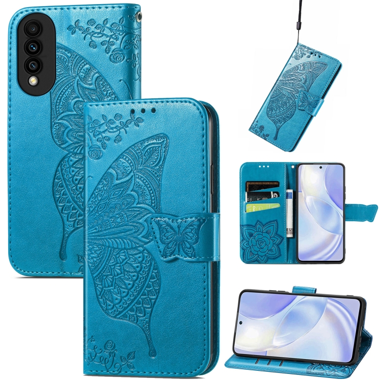 

For Huawei nova 8 SE Youth Butterfly Love Flower Embossed Horizontal Flip Leather Case with Holder & Card Slots & Wallet & Lanyard(Blue)