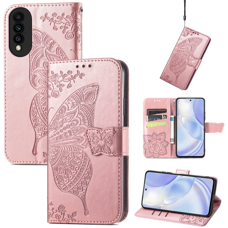 

For Huawei nova 8 SE Youth Butterfly Love Flower Embossed Horizontal Flip Leather Case with Holder & Card Slots & Wallet & Lanyard(Rose Gold)