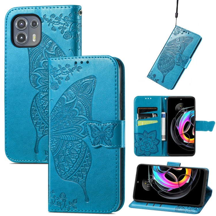 

For Motorola Moto Edge 20 Lite Butterfly Love Flower Embossed Horizontal Flip Leather Case with Holder & Card Slots & Wallet & Lanyard(Blue)