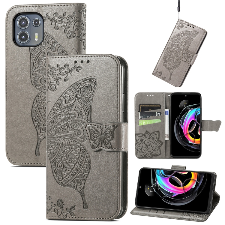 

For Motorola Moto Edge 20 Lite Butterfly Love Flower Embossed Horizontal Flip Leather Case with Holder & Card Slots & Wallet & Lanyard(Gray)
