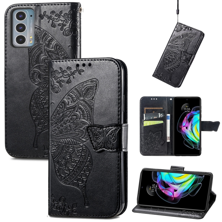 

For Motorola Moto Edge 20 Butterfly Love Flower Embossed Horizontal Flip Leather Case with Holder & Card Slots & Wallet & Lanyard(Black)