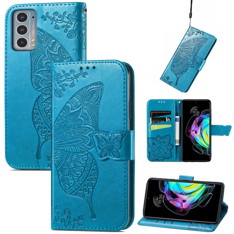 

For Motorola Moto Edge 20 Butterfly Love Flower Embossed Horizontal Flip Leather Case with Holder & Card Slots & Wallet & Lanyard(Blue)