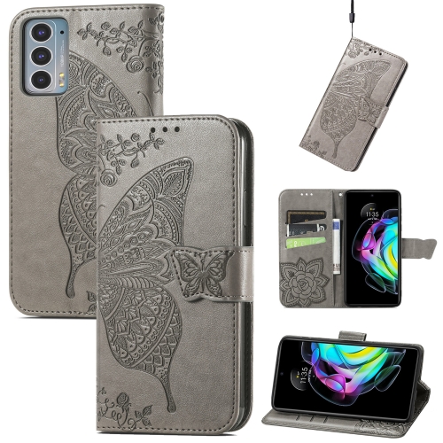 

For Motorola Moto Edge 20 Butterfly Love Flower Embossed Horizontal Flip Leather Case with Holder & Card Slots & Wallet & Lanyard(Gray)