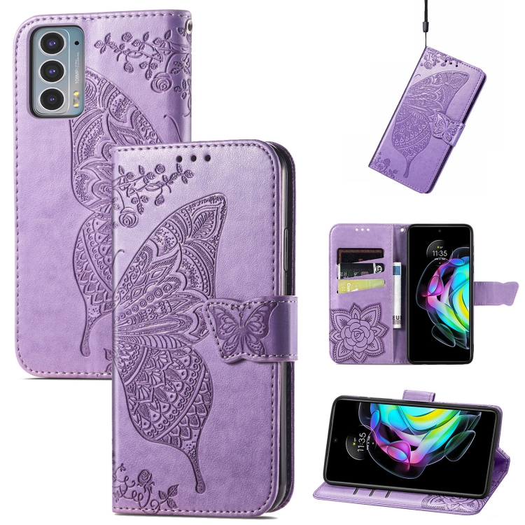 

For Motorola Moto Edge 20 Butterfly Love Flower Embossed Horizontal Flip Leather Case with Holder & Card Slots & Wallet & Lanyard(Light Purple)