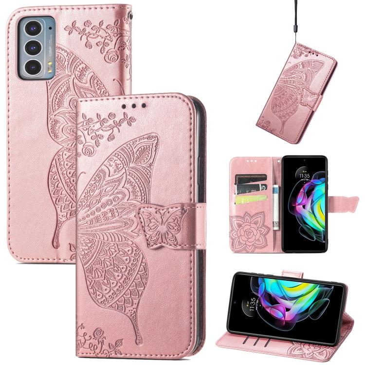 

For Motorola Moto Edge 20 Butterfly Love Flower Embossed Horizontal Flip Leather Case with Holder & Card Slots & Wallet & Lanyard(Rose Gold)