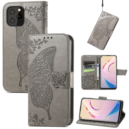 

For Oukitel C21 Pro Butterfly Love Flower Embossed Horizontal Flip Leather Case with Holder & Card Slots & Wallet & Lanyard(Gray)