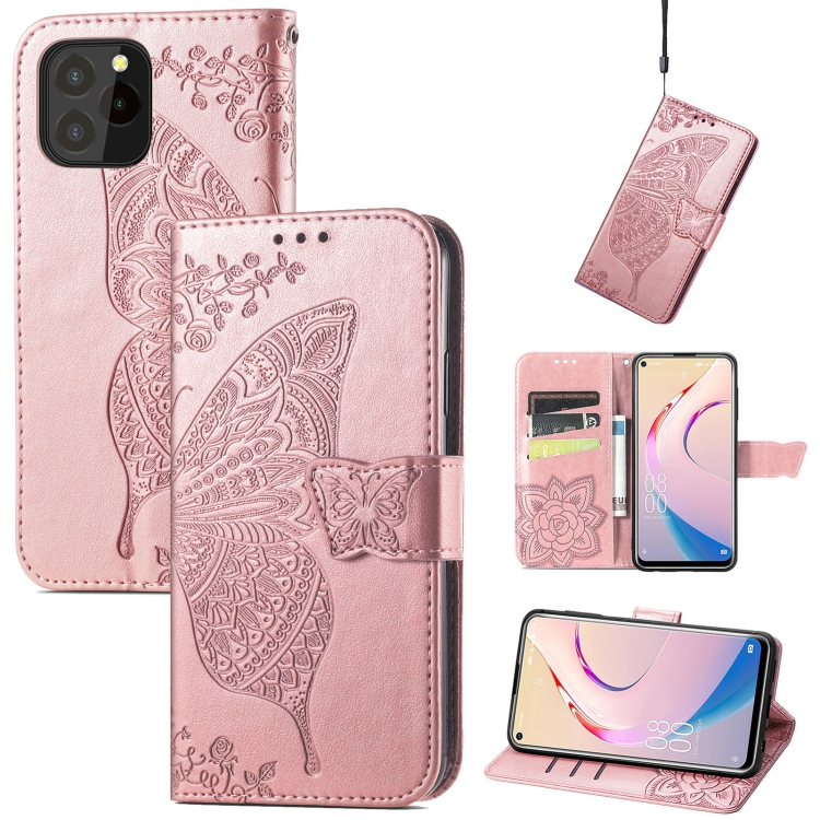 

For Oukitel C21 Pro Butterfly Love Flower Embossed Horizontal Flip Leather Case with Holder & Card Slots & Wallet & Lanyard(Rose Gold)