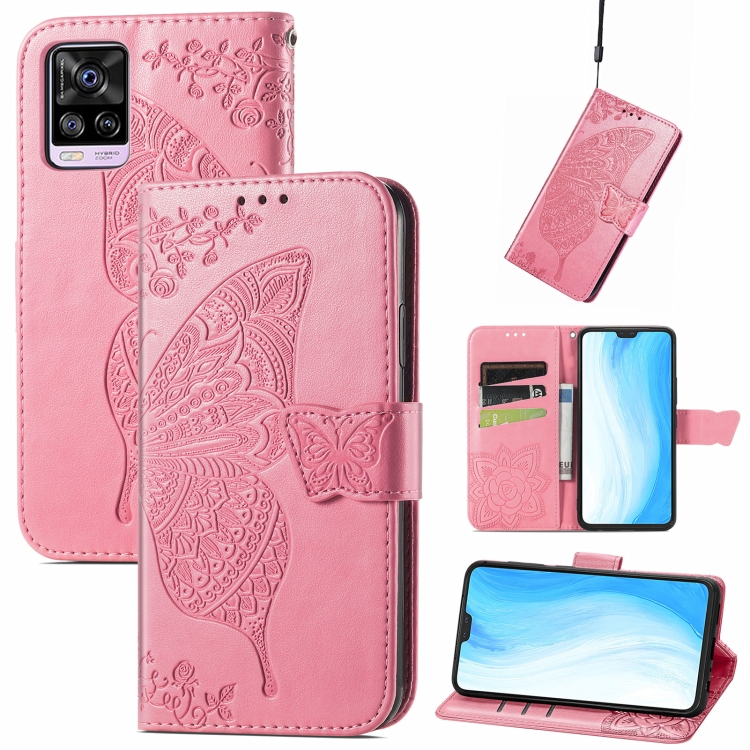 

For vivo S7 Butterfly Love Flower Embossed Horizontal Flip Leather Case with Holder & Card Slots & Wallet & Lanyard(Pink)