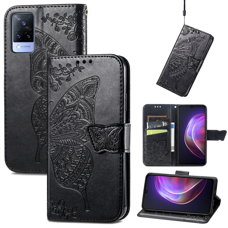 

For vivo V21 Butterfly Love Flower Embossed Horizontal Flip Leather Case with Holder & Card Slots & Wallet & Lanyard(Black)