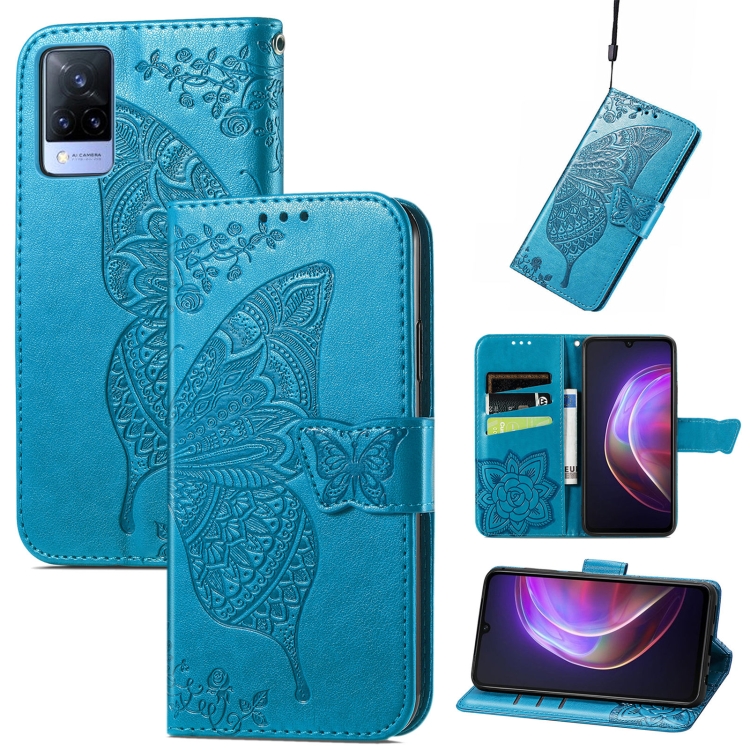 

For vivo V21 Butterfly Love Flower Embossed Horizontal Flip Leather Case with Holder & Card Slots & Wallet & Lanyard(Blue)