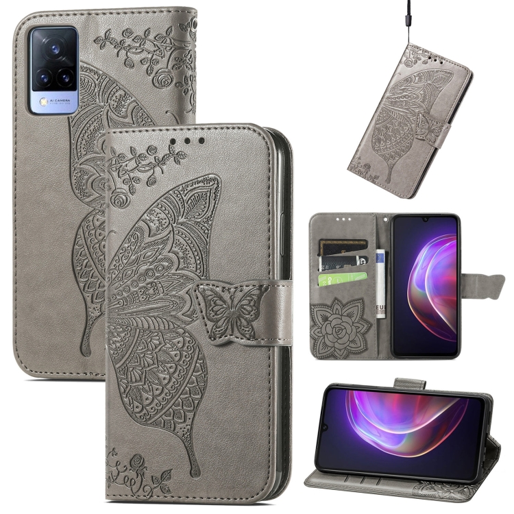 

For vivo V21 Butterfly Love Flower Embossed Horizontal Flip Leather Case with Holder & Card Slots & Wallet & Lanyard(Gray)