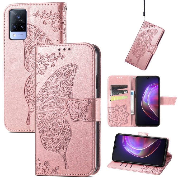 

For vivo V21 Butterfly Love Flower Embossed Horizontal Flip Leather Case with Holder & Card Slots & Wallet & Lanyard(Rose Gold)