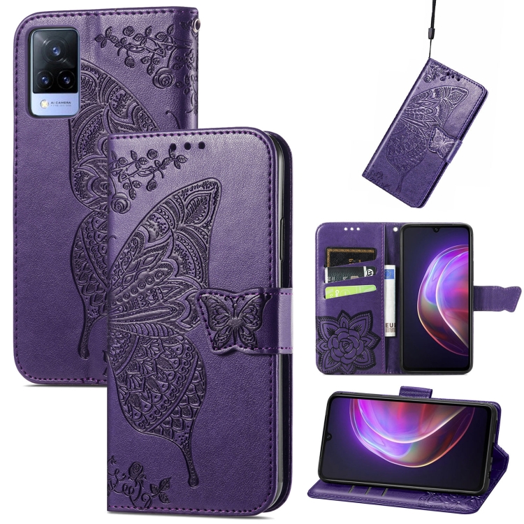 

For vivo V21 Butterfly Love Flower Embossed Horizontal Flip Leather Case with Holder & Card Slots & Wallet & Lanyard(Dark Purple)