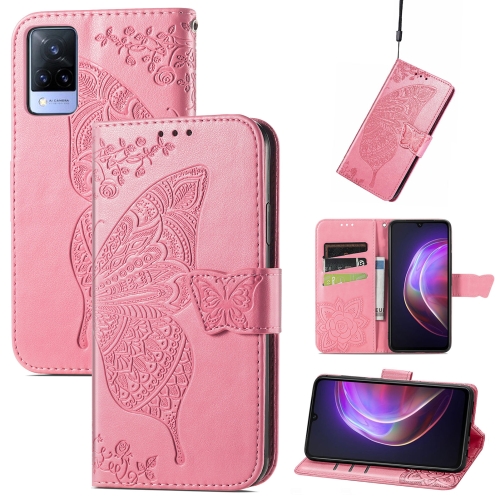 

For vivo V21 Butterfly Love Flower Embossed Horizontal Flip Leather Case with Holder & Card Slots & Wallet & Lanyard(Pink)