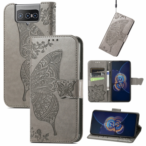 

For Asus Zenfone 8 Flip Butterfly Love Flower Embossed Horizontal Flip Leather Case with Holder & Card Slots & Wallet & Lanyard(Gray)