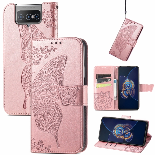 

For Asus Zenfone 8 Flip Butterfly Love Flower Embossed Horizontal Flip Leather Case with Holder & Card Slots & Wallet & Lanyard(Rose Gold)