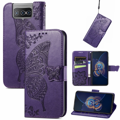 

For Asus Zenfone 8 Flip Butterfly Love Flower Embossed Horizontal Flip Leather Case with Holder & Card Slots & Wallet & Lanyard(Dark Purple)