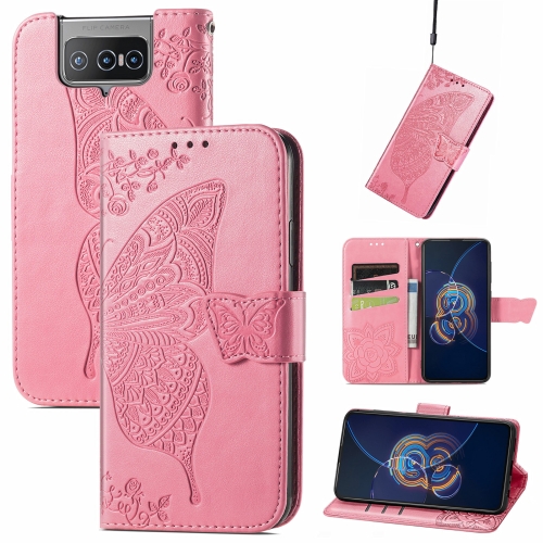 

For Asus Zenfone 8 Flip Butterfly Love Flower Embossed Horizontal Flip Leather Case with Holder & Card Slots & Wallet & Lanyard(Pink)