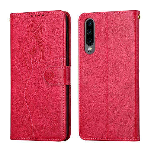 

For Huawei P30 Beauty Girl Embossing Pattern Horizontal Flip Leather Case with Holder & Card Slot & Wallet & Photo Frame(Red)