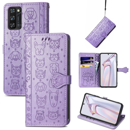 

For Blackview A100 Lovely Cat and Dog Embossing Pattern Horizontal Flip Leather Case , with Holder & Card Slots & Wallet & Cartoon Clasp & Lanyard(Purple)