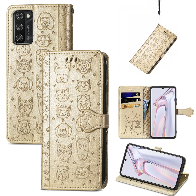 

For Blackview A100 Lovely Cat and Dog Embossing Pattern Horizontal Flip Leather Case , with Holder & Card Slots & Wallet & Cartoon Clasp & Lanyard(Gold)