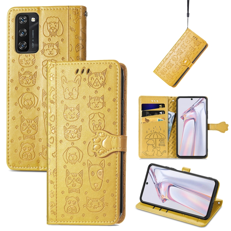 

For Blackview A100 Lovely Cat and Dog Embossing Pattern Horizontal Flip Leather Case , with Holder & Card Slots & Wallet & Cartoon Clasp & Lanyard(Yellow)