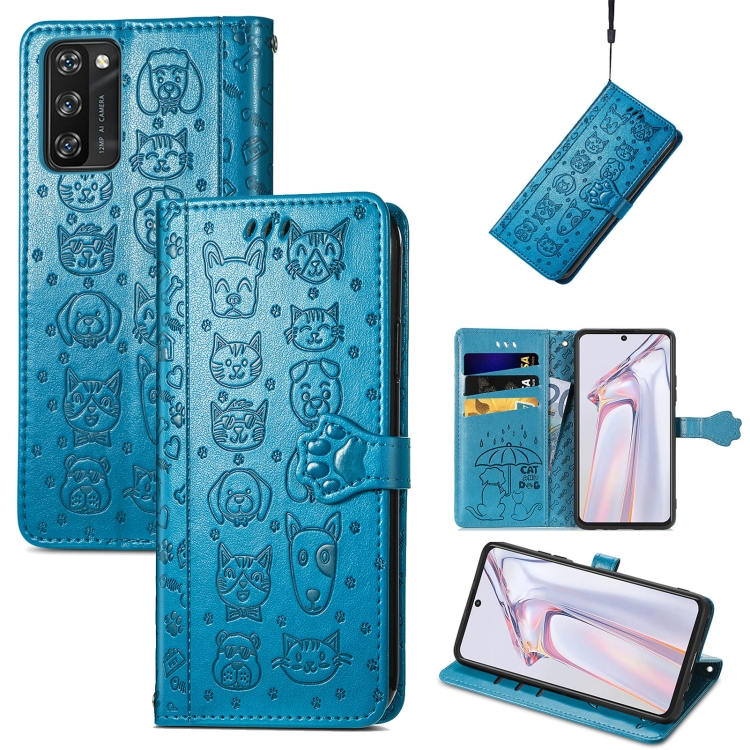 

For Blackview A100 Lovely Cat and Dog Embossing Pattern Horizontal Flip Leather Case , with Holder & Card Slots & Wallet & Cartoon Clasp & Lanyard(Blue)