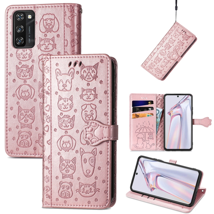 

For Blackview A100 Lovely Cat and Dog Embossing Pattern Horizontal Flip Leather Case , with Holder & Card Slots & Wallet & Cartoon Clasp & Lanyard(Rose Gold)