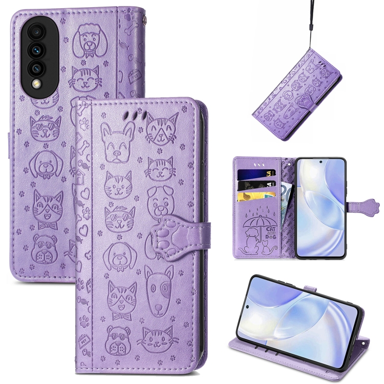 

For Huawei nova 8 SE Youth Lovely Cat and Dog Embossing Pattern Horizontal Flip Leather Case , with Holder & Card Slots & Wallet & Cartoon Clasp & Lanyard(Purple)