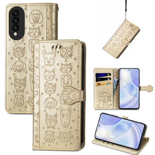 

For Huawei nova 8 SE Youth Lovely Cat and Dog Embossing Pattern Horizontal Flip Leather Case , with Holder & Card Slots & Wallet & Cartoon Clasp & Lanyard(Gold)