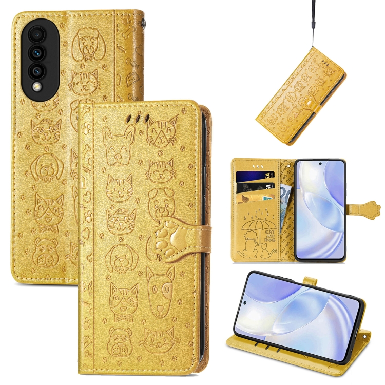 

For Huawei nova 8 SE Youth Lovely Cat and Dog Embossing Pattern Horizontal Flip Leather Case , with Holder & Card Slots & Wallet & Cartoon Clasp & Lanyard(Yellow)