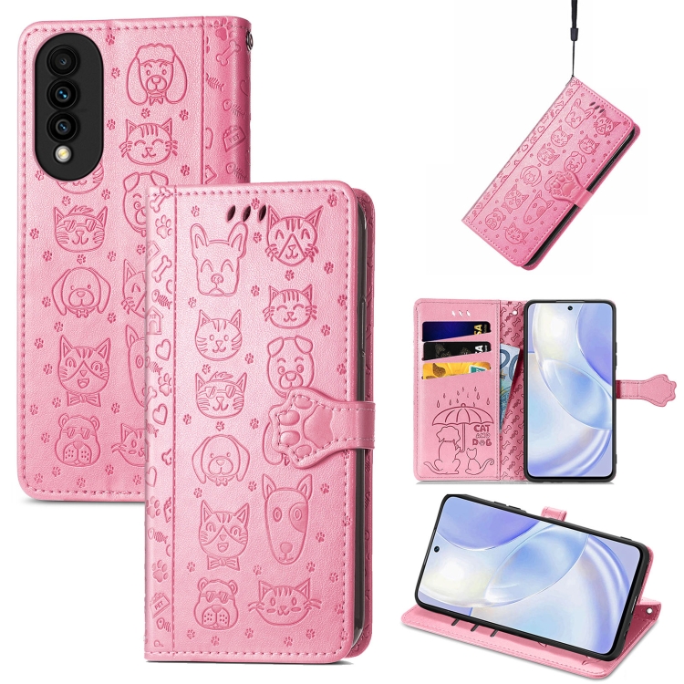

For Huawei nova 8 SE Youth Lovely Cat and Dog Embossing Pattern Horizontal Flip Leather Case , with Holder & Card Slots & Wallet & Cartoon Clasp & Lanyard(Pink)