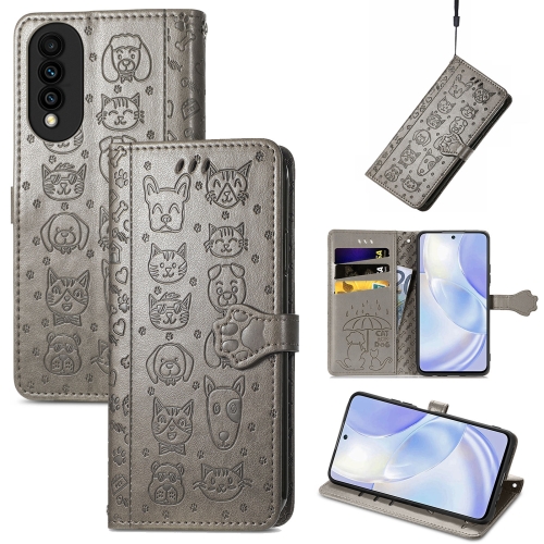

For Huawei nova 8 SE Youth Lovely Cat and Dog Embossing Pattern Horizontal Flip Leather Case , with Holder & Card Slots & Wallet & Cartoon Clasp & Lanyard(Grey)