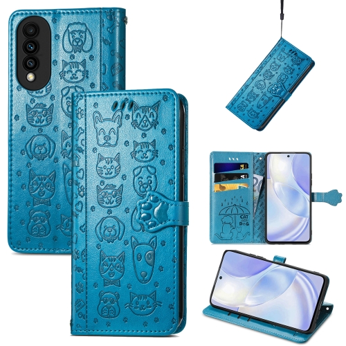 

For Huawei nova 8 SE Youth Lovely Cat and Dog Embossing Pattern Horizontal Flip Leather Case , with Holder & Card Slots & Wallet & Cartoon Clasp & Lanyard(Blue)