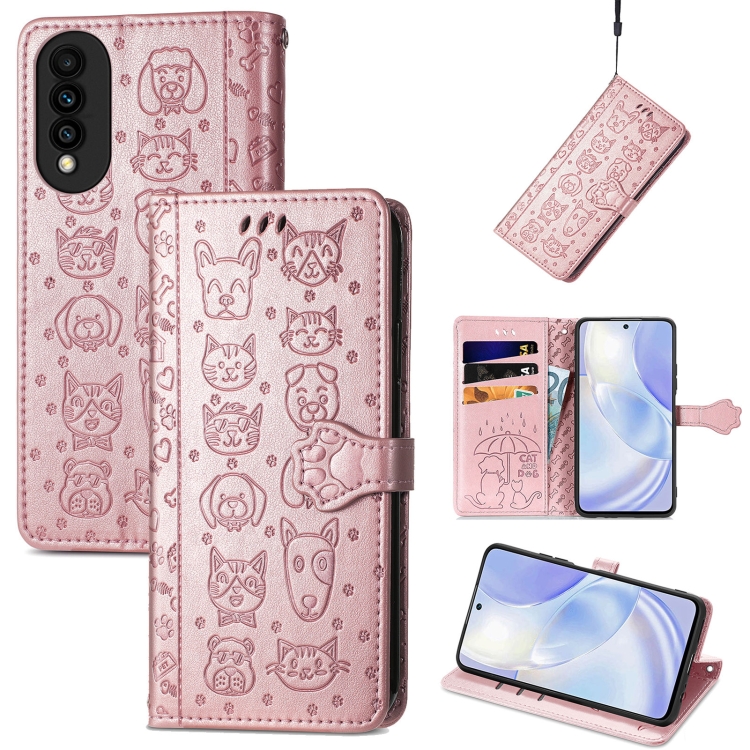 

For Huawei nova 8 SE Youth Lovely Cat and Dog Embossing Pattern Horizontal Flip Leather Case , with Holder & Card Slots & Wallet & Cartoon Clasp & Lanyard(Rose Gold)
