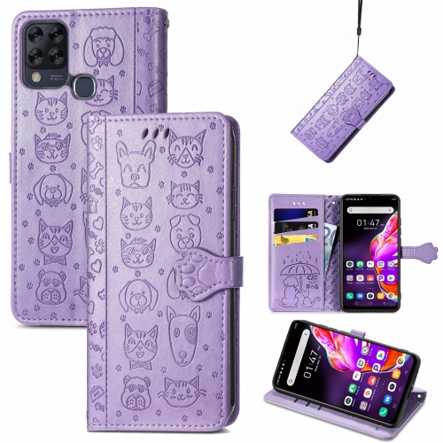 

For Infinix Hot 10T Lovely Cat and Dog Embossing Pattern Horizontal Flip Leather Case , with Holder & Card Slots & Wallet & Cartoon Clasp & Lanyard(Purple)