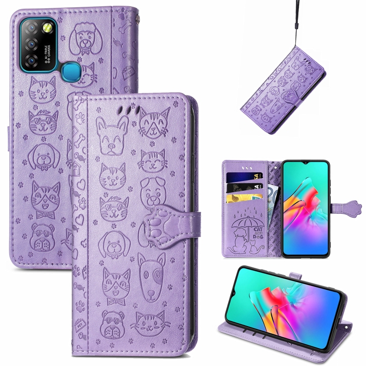 

For infinix Smart 5 Lovely Cat and Dog Embossing Pattern Horizontal Flip Leather Case , with Holder & Card Slots & Wallet & Cartoon Clasp & Lanyard(Purple)
