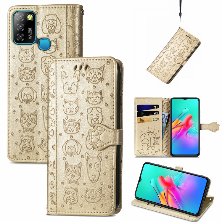 

For infinix Smart 5 Lovely Cat and Dog Embossing Pattern Horizontal Flip Leather Case , with Holder & Card Slots & Wallet & Cartoon Clasp & Lanyard(Gold)