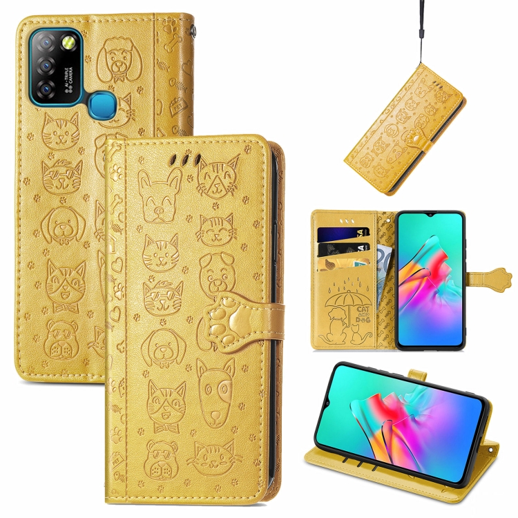 

For infinix Smart 5 Lovely Cat and Dog Embossing Pattern Horizontal Flip Leather Case , with Holder & Card Slots & Wallet & Cartoon Clasp & Lanyard(Yellow)