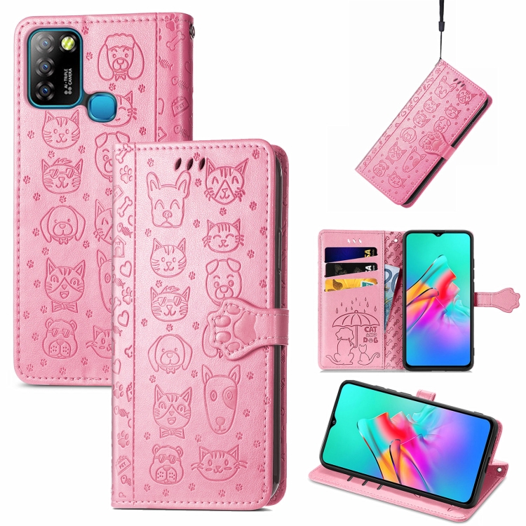 

For infinix Smart 5 Lovely Cat and Dog Embossing Pattern Horizontal Flip Leather Case , with Holder & Card Slots & Wallet & Cartoon Clasp & Lanyard(Pink)