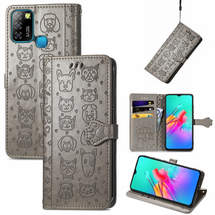 

For infinix Smart 5 Lovely Cat and Dog Embossing Pattern Horizontal Flip Leather Case , with Holder & Card Slots & Wallet & Cartoon Clasp & Lanyard(Grey)