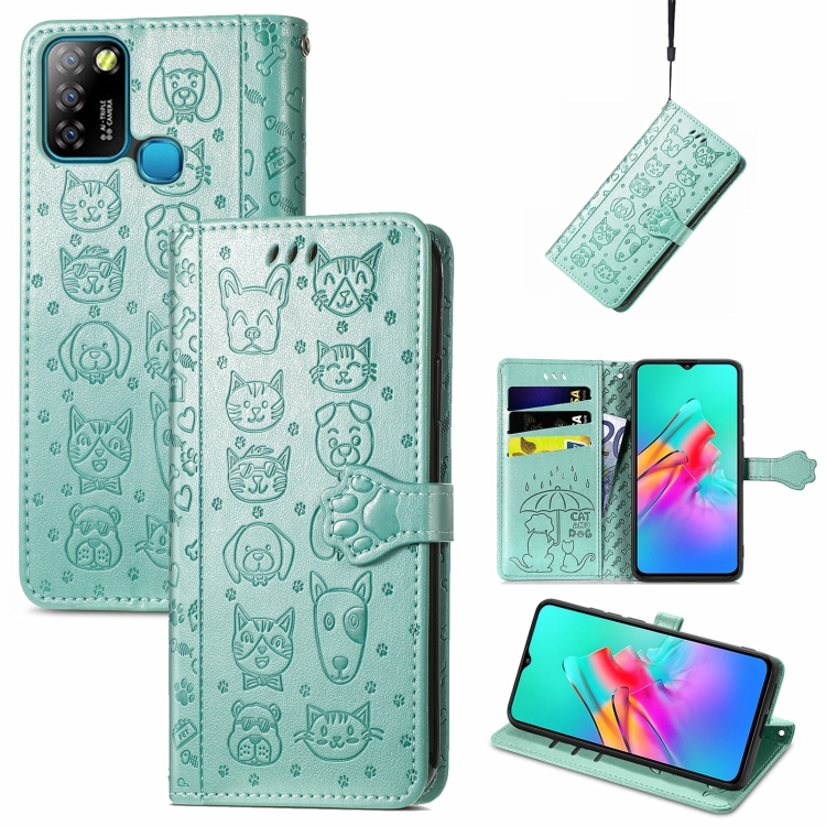

For infinix Smart 5 Lovely Cat and Dog Embossing Pattern Horizontal Flip Leather Case , with Holder & Card Slots & Wallet & Cartoon Clasp & Lanyard(Green)