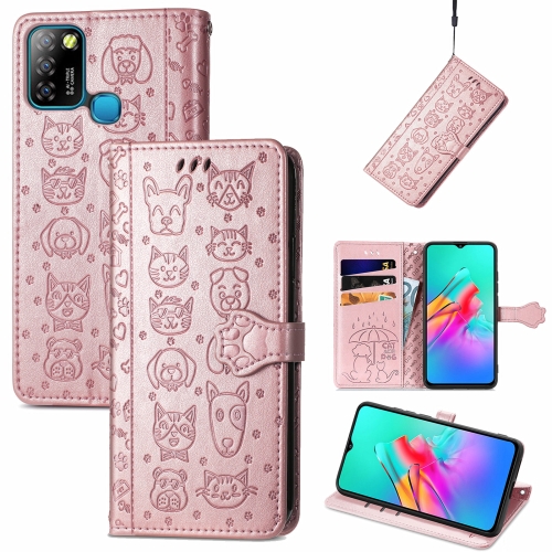 

For infinix Smart 5 Lovely Cat and Dog Embossing Pattern Horizontal Flip Leather Case , with Holder & Card Slots & Wallet & Cartoon Clasp & Lanyard(Rose Gold)