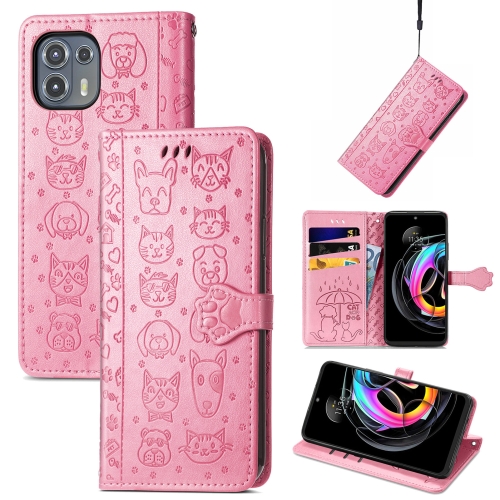 

For Motorola Moto Edge 20 Lite Lovely Cat and Dog Embossing Pattern Horizontal Flip Leather Case , with Holder & Card Slots & Wallet & Cartoon Clasp & Lanyard(Pink)