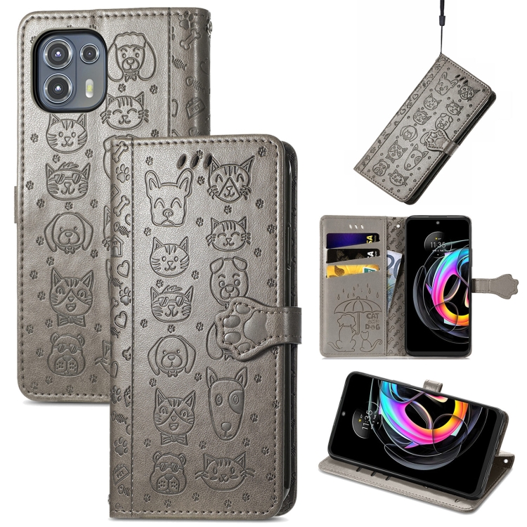 

For Motorola Moto Edge 20 Lite Lovely Cat and Dog Embossing Pattern Horizontal Flip Leather Case , with Holder & Card Slots & Wallet & Cartoon Clasp & Lanyard(Grey)