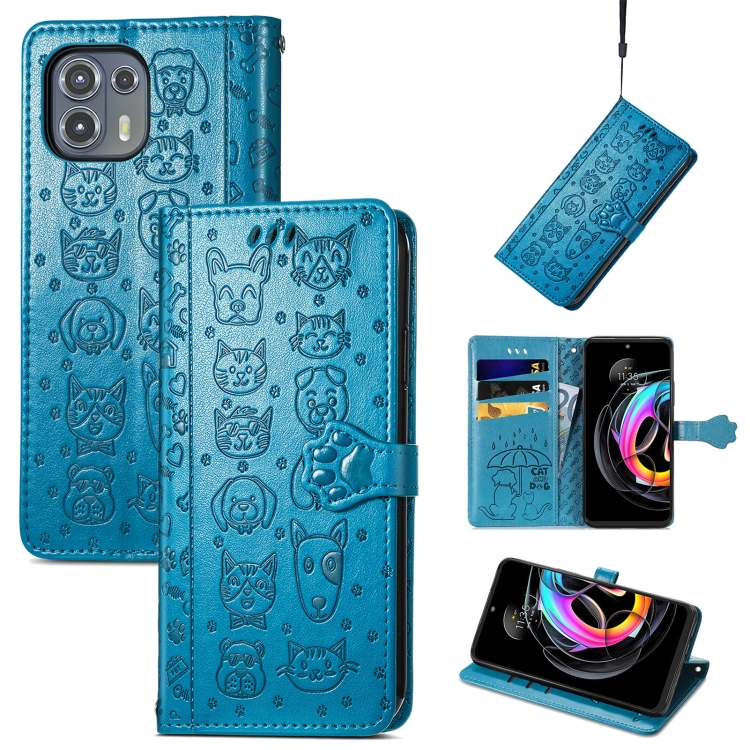 

For Motorola Moto Edge 20 Lite Lovely Cat and Dog Embossing Pattern Horizontal Flip Leather Case , with Holder & Card Slots & Wallet & Cartoon Clasp & Lanyard(Blue)